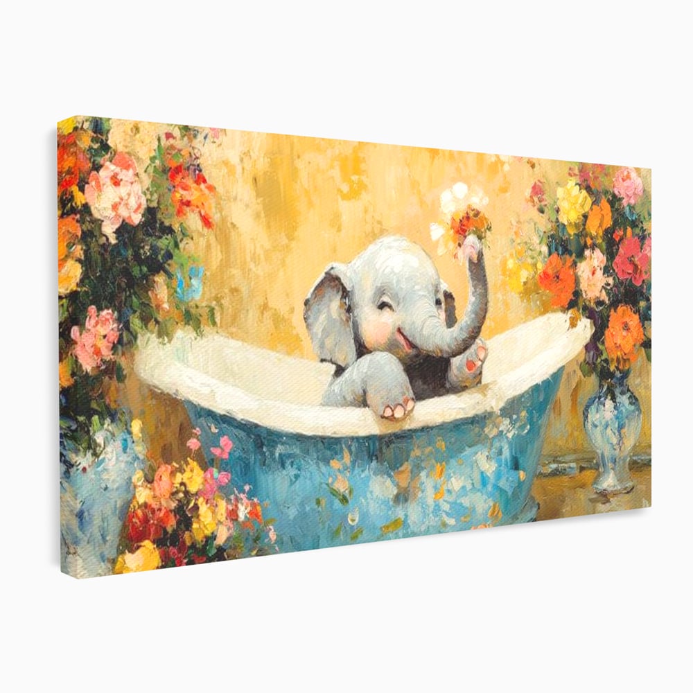 Tablou canvas cu tablou canvas cu pui de elefant in cada, fara rama, pe sasiu de lemn